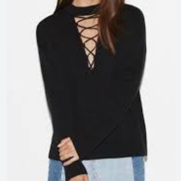 Kendall & Kylie | Black Sweater with Laced Up V-neck Size Medium - Picture 2 of 5